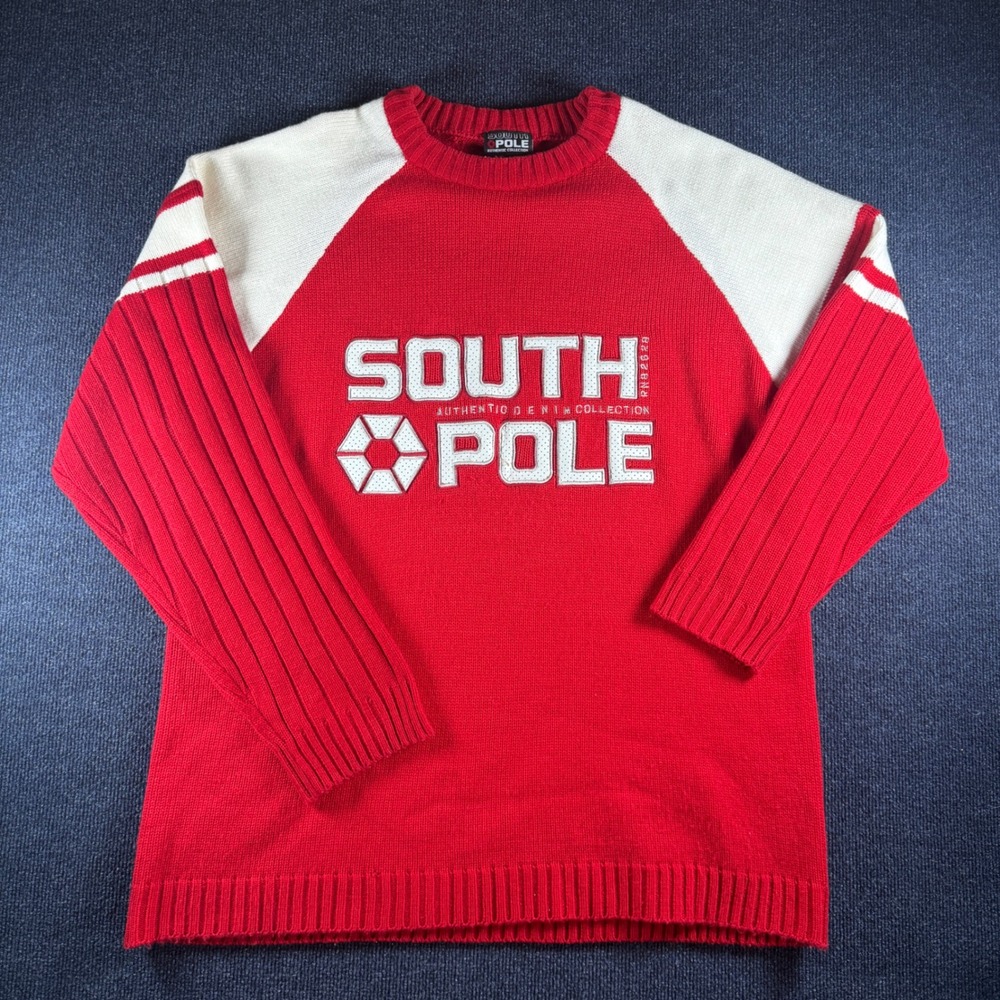 Southpole Vintage Y2K Sweater XXL 25.5x33.5 Red White Big Logo Knit Hip Hop